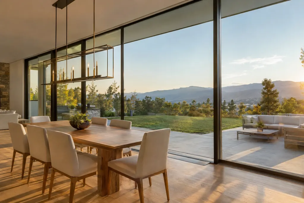 Dining room with floor-to-ceiling windows looking out to a sunny patio