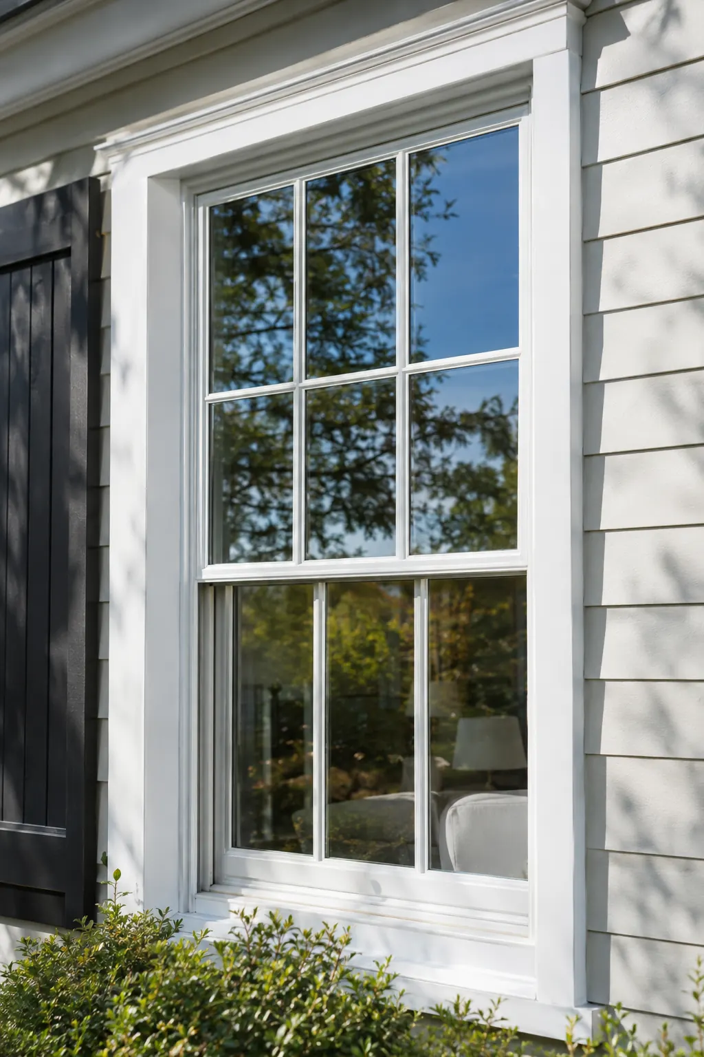 Clear exterior window with white trim reflecting blue sky