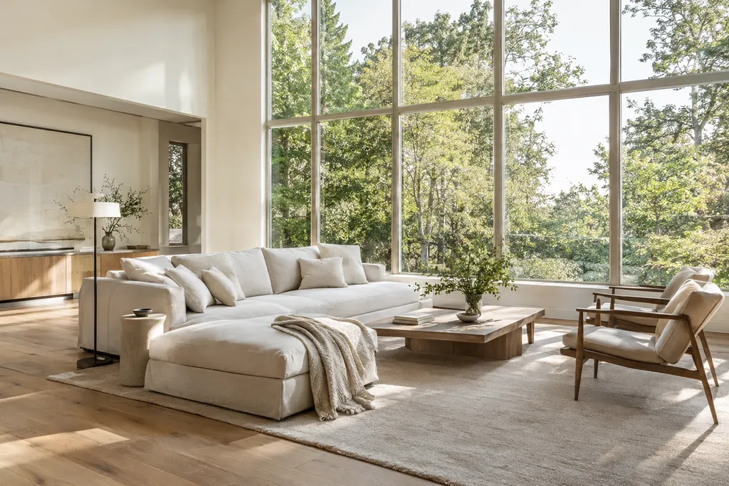 Living room with tall, clean interior windows
