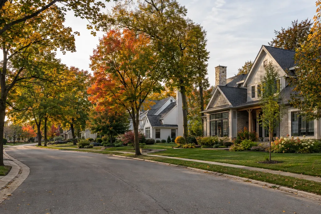 Tree-lined West Michigan residential street in early autumn