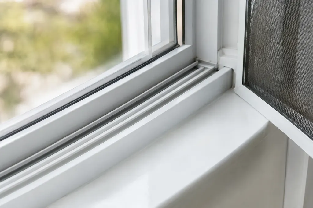 Close-up of a clean white window sill and sliding track
